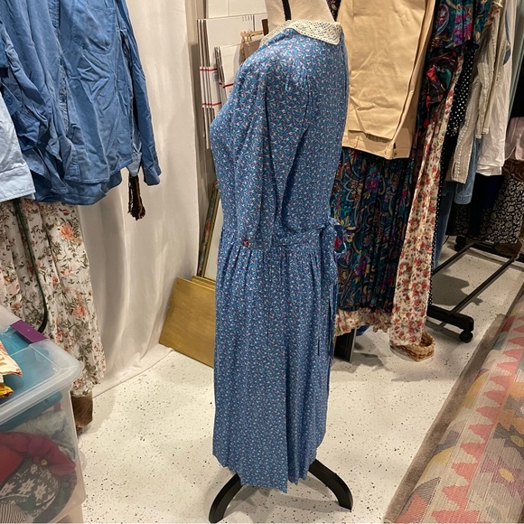 Vintage blue floral retro 60’s-70’s dress lace pockets midi milkmaid prairie - Picture 8 of 15